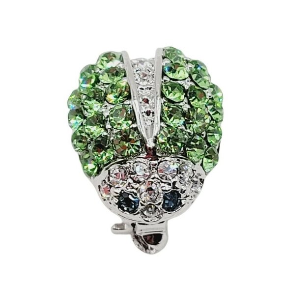 Pave Rhinestone Ladybug Brooch 5/8" Silver Tone Green Insect EUC Small Bling - Picture 1 of 9